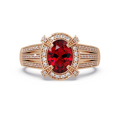 1.6 CTW Oval Triple-Row Pavé Halo Colorstone Ring with Ruby Red center in 14K Rose Gold – Lunéa Paris