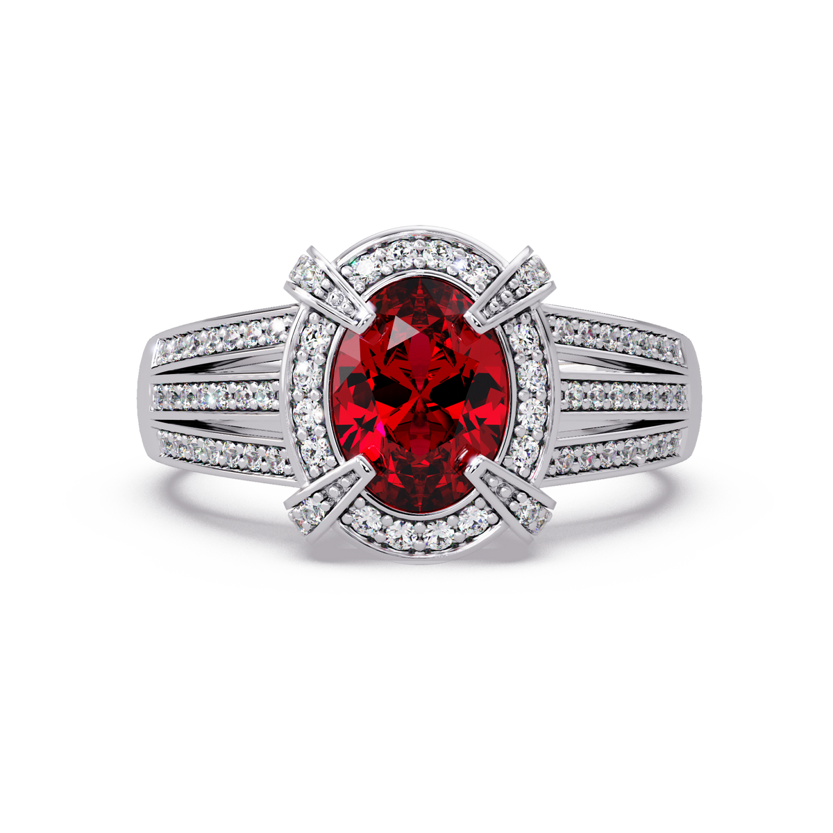 1.6 CTW Oval Triple-Row Pavé Halo Colorstone Ring with Ruby Red center in 14K White Gold – Lunéa Paris