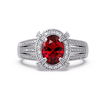 1.6 CTW Oval Triple-Row Pavé Halo Colorstone Ring with Ruby Red center in 14K White Gold – Lunéa Paris