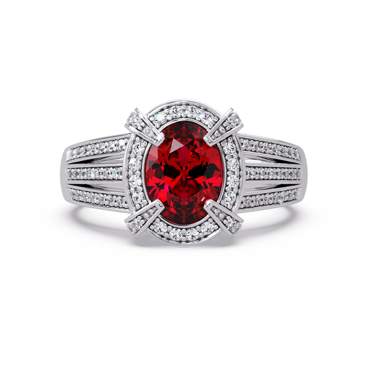 1.6 CTW Oval Triple-Row Pavé Halo Colorstone Ring with Ruby Red center in 14K White Gold – Lunéa Paris