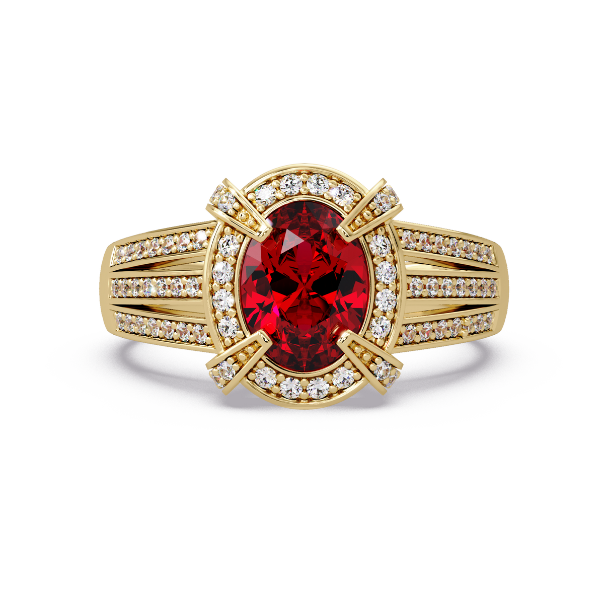 1.6 CTW Oval Triple-Row Pavé Halo Colorstone Ring with Ruby Red center in 14K Yellow Gold – Lunéa Paris