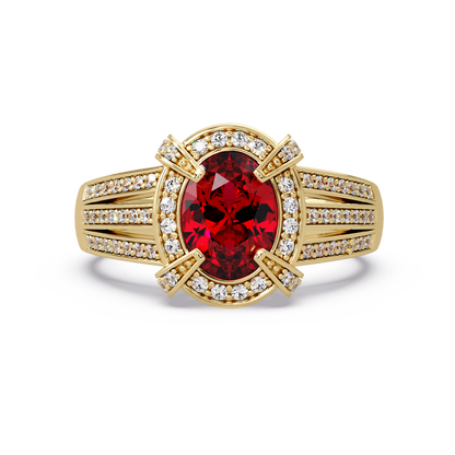 1.6 CTW Oval Triple-Row Pavé Halo Colorstone Ring with Ruby Red center in 14K Yellow Gold – Lunéa Paris