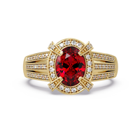 1.6 CTW Oval Triple-Row Pavé Halo Colorstone Ring with Ruby Red center in 14K Yellow Gold – Lunéa Paris