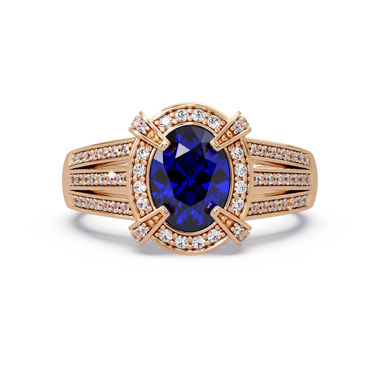 1.6 CTW Oval Triple-Row Pavé Halo Colorstone Ring with Sapphire Blue center in 14K Rose Gold – Lunéa Paris
