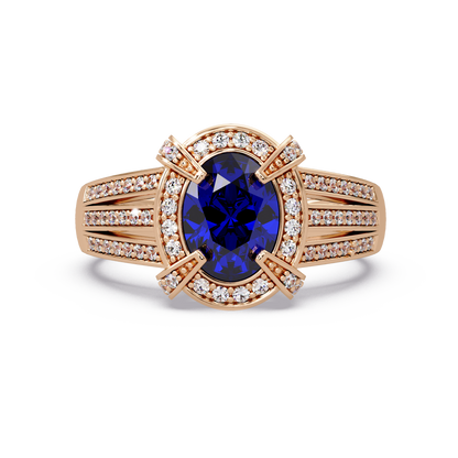 1.6 CTW Oval Triple-Row Pavé Halo Colorstone Ring with Sapphire Blue center in 14K Rose Gold – Lunéa Paris