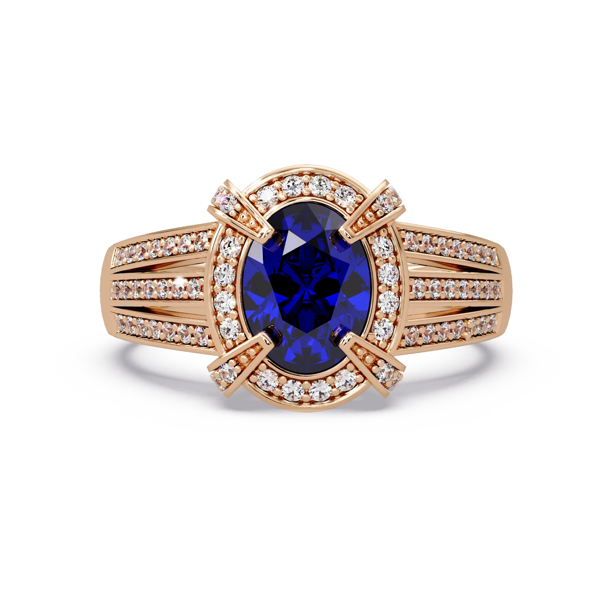 1.6 CTW Oval Triple-Row Pavé Halo Colorstone Ring with Sapphire Blue center in 14K Rose Gold – Lunéa Paris