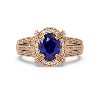 1.6 CTW Oval Triple-Row Pavé Halo Colorstone Ring with Sapphire Blue center in 14K Rose Gold – Lunéa Paris
