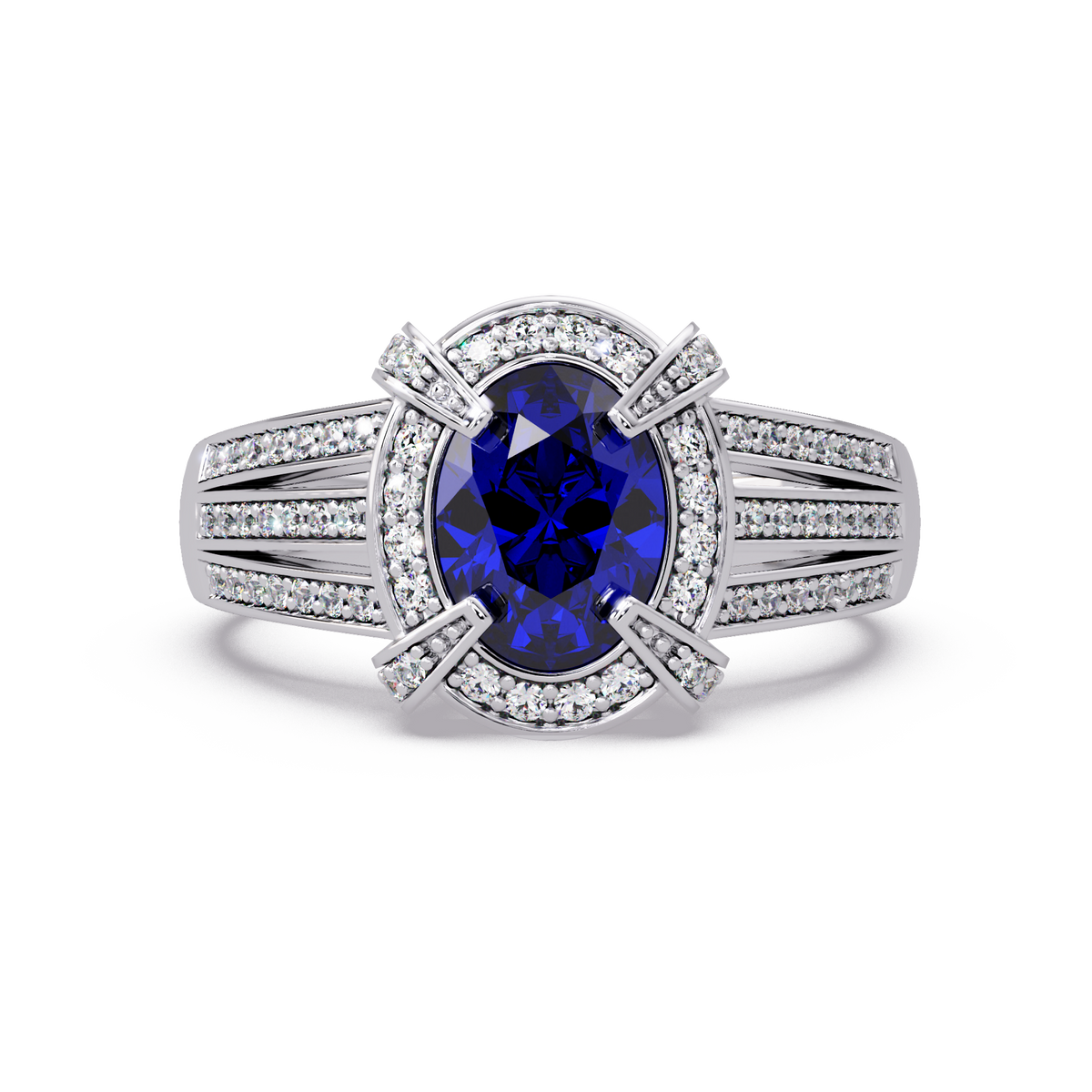 1.6 CTW Oval Triple-Row Pavé Halo Colorstone Ring with Sapphire Blue center in 14K White Gold – Lunéa Paris