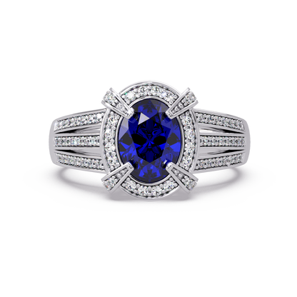 1.6 CTW Oval Triple-Row Pavé Halo Colorstone Ring with Sapphire Blue center in 14K White Gold – Lunéa Paris