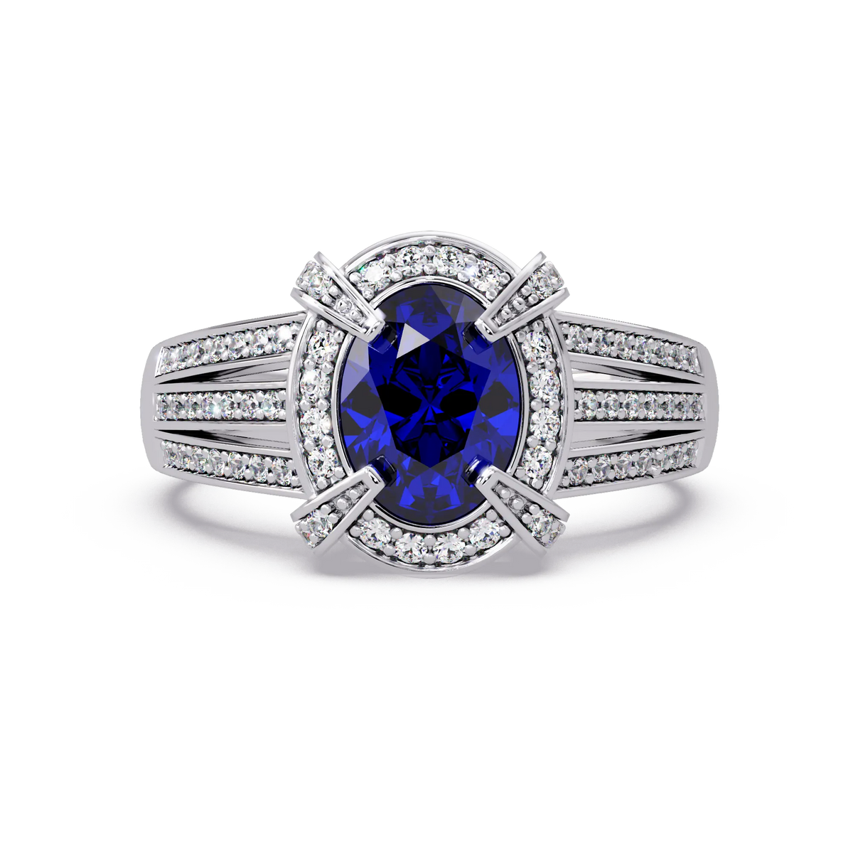 1.6 CTW Oval Triple-Row Pavé Halo Colorstone Ring with Sapphire Blue center in 14K White Gold – Lunéa Paris