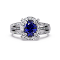 1.6 CTW Oval Triple-Row Pavé Halo Colorstone Ring with Sapphire Blue center in 14K White Gold – Lunéa Paris