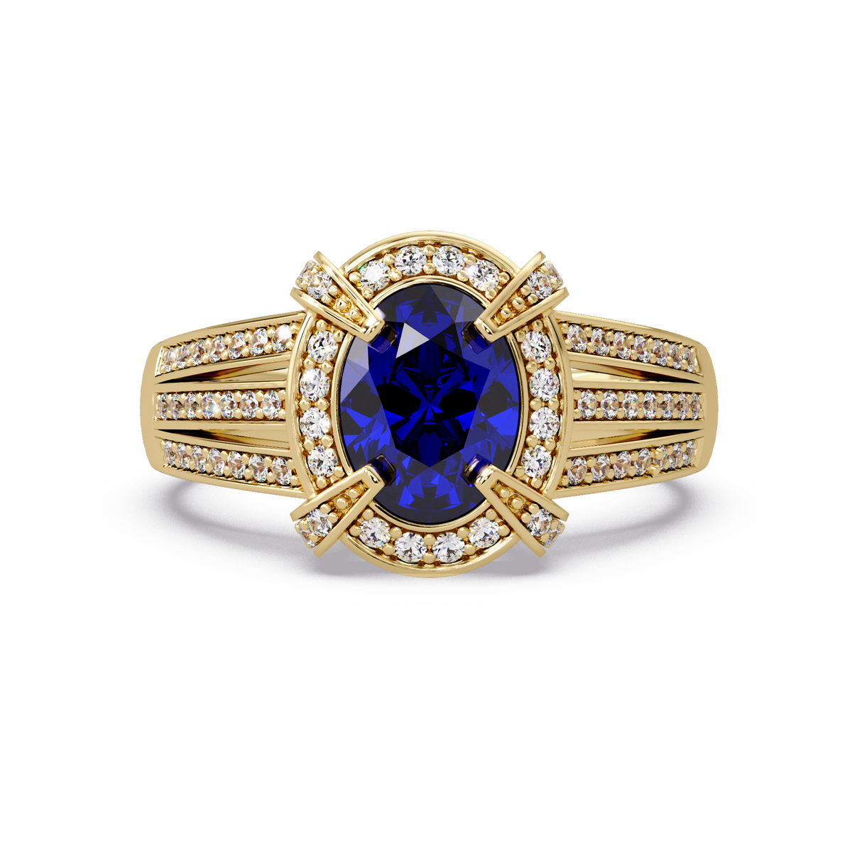 1.6 CTW Oval Triple-Row Pavé Halo Colorstone Ring with Sapphire Blue center in 14K Yellow Gold – Lunéa Paris
