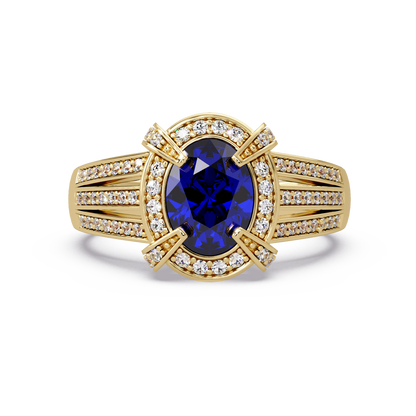 1.6 CTW Oval Triple-Row Pavé Halo Colorstone Ring with Sapphire Blue center in 14K Yellow Gold – Lunéa Paris