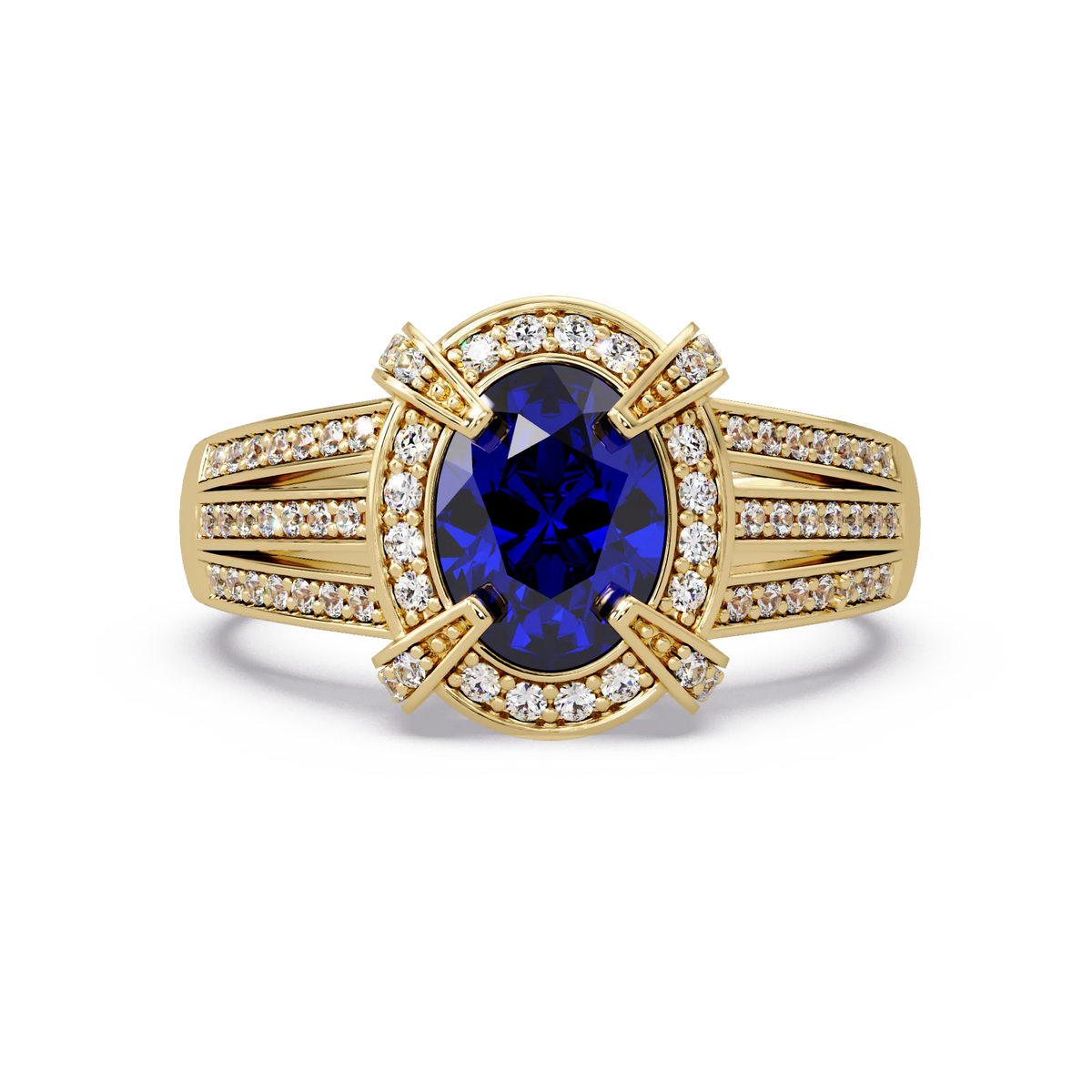 1.6 CTW Oval Triple-Row Pavé Halo Colorstone Ring with Sapphire Blue center in 14K Yellow Gold – Lunéa Paris