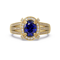 1.6 CTW Oval Triple-Row Pavé Halo Colorstone Ring with Sapphire Blue center in 14K Yellow Gold – Lunéa Paris