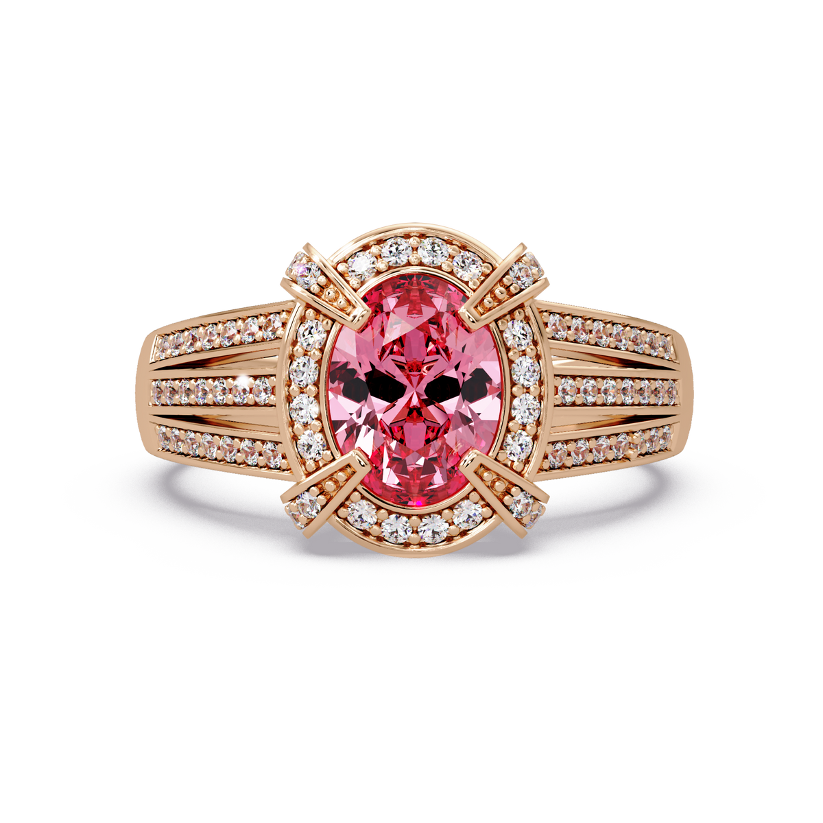 1.6 CTW Oval Triple-Row Pavé Halo Colorstone Ring with Tourmaline Pink center in 14K Rose Gold – Lunéa Paris