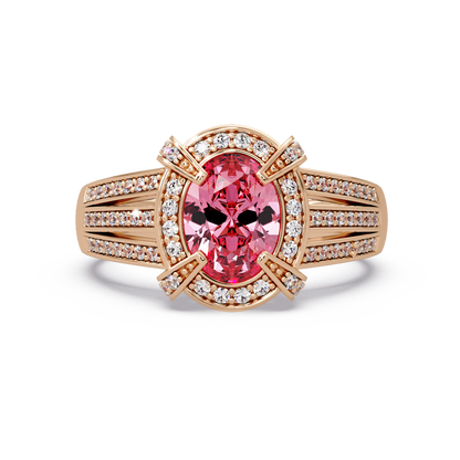 1.6 CTW Oval Triple-Row Pavé Halo Colorstone Ring with Tourmaline Pink center in 14K Rose Gold – Lunéa Paris