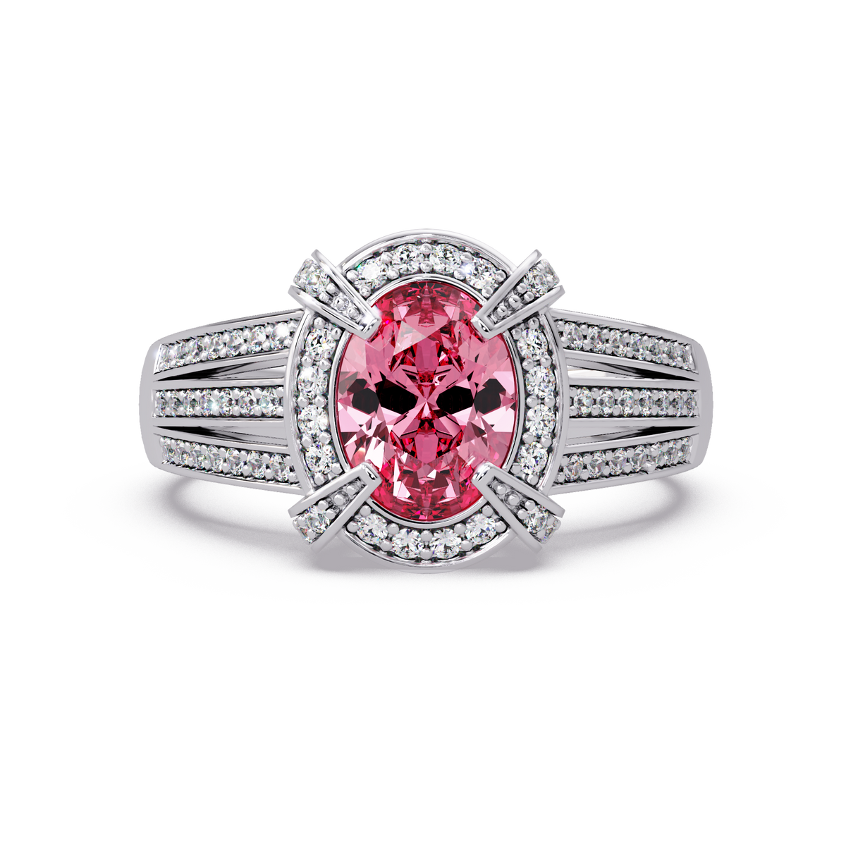 1.6 CTW Oval Triple-Row Pavé Halo Colorstone Ring with Tourmaline Pink center in 14K White Gold – Lunéa Paris