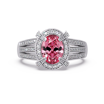 1.6 CTW Oval Triple-Row Pavé Halo Colorstone Ring with Tourmaline Pink center in 14K White Gold – Lunéa Paris