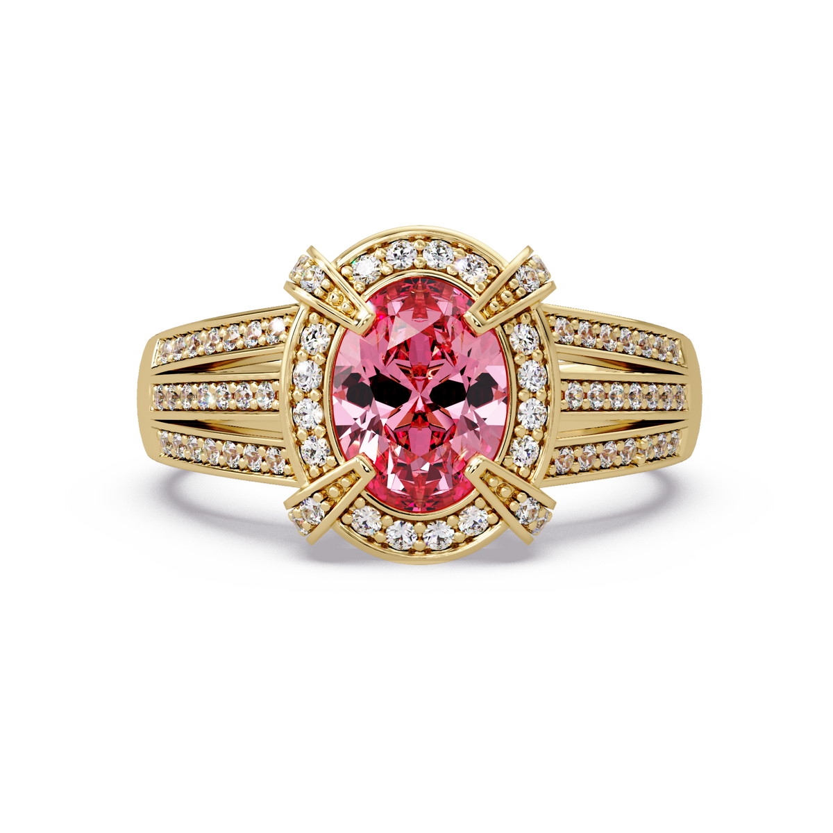 1.6 CTW Oval Triple-Row Pavé Halo Colorstone Ring with Tourmaline Pink center in 14K Yellow Gold – Lunéa Paris