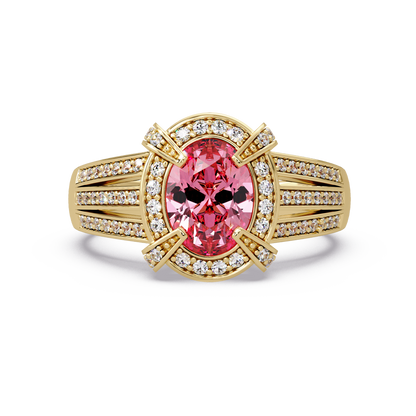 1.6 CTW Oval Triple-Row Pavé Halo Colorstone Ring with Tourmaline Pink center in 14K Yellow Gold – Lunéa Paris