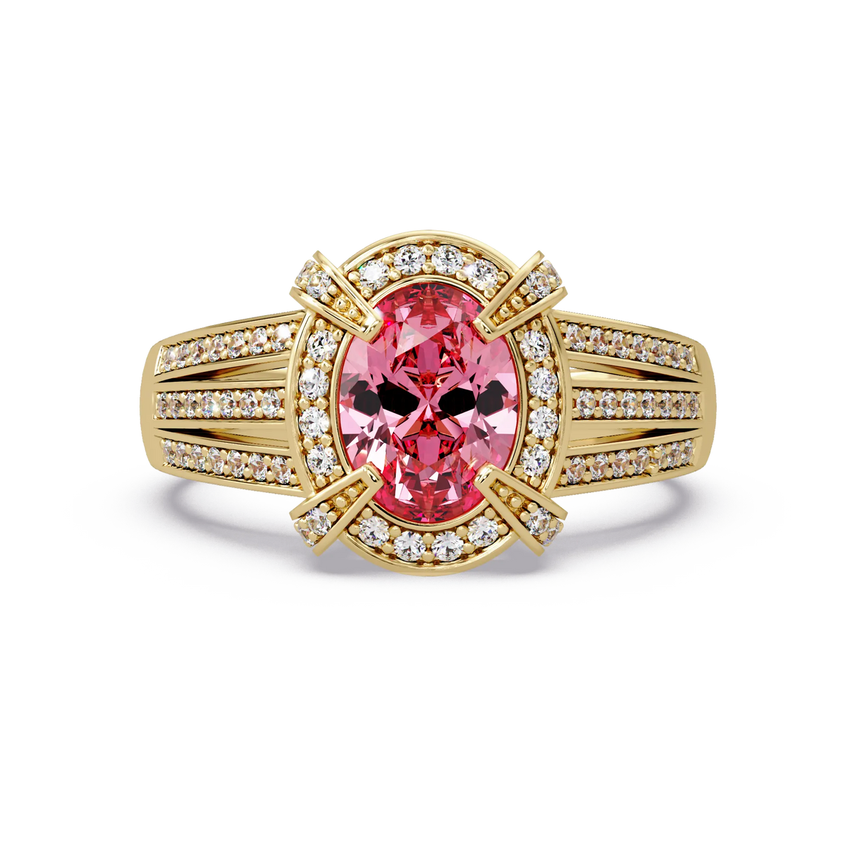 1.6 CTW Oval Triple-Row Pavé Halo Colorstone Ring with Tourmaline Pink center in 14K Yellow Gold – Lunéa Paris