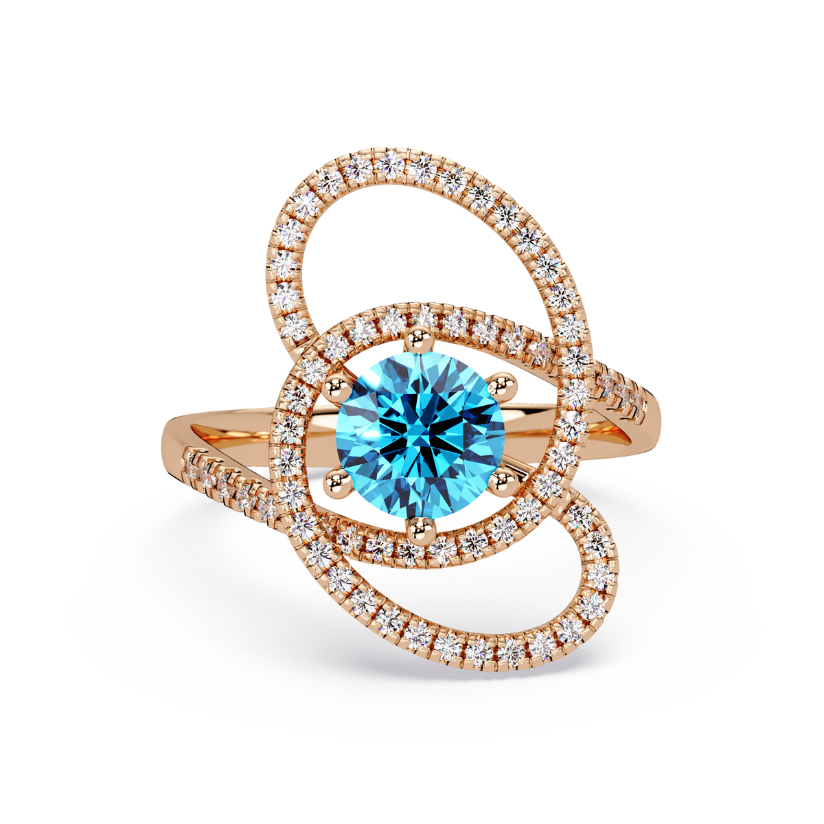 1.1 CTW Round Swirl Pavé Halo Colorstone Ring with Aquamarine Blue center in 14K Rose Gold – Lunéa Paris