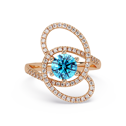 1.1 CTW Round Swirl Pavé Halo Colorstone Ring with Aquamarine Blue center in 14K Rose Gold – Lunéa Paris