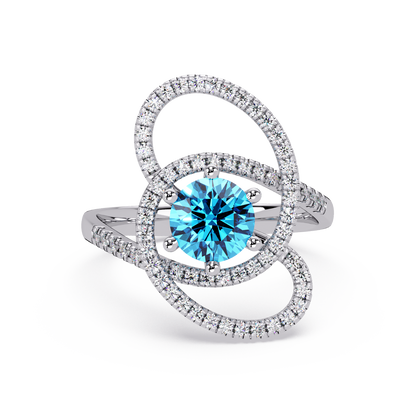 1.1 CTW Round Swirl Pavé Halo Colorstone Ring with Aquamarine Blue center in 14K White Gold – Lunéa Paris