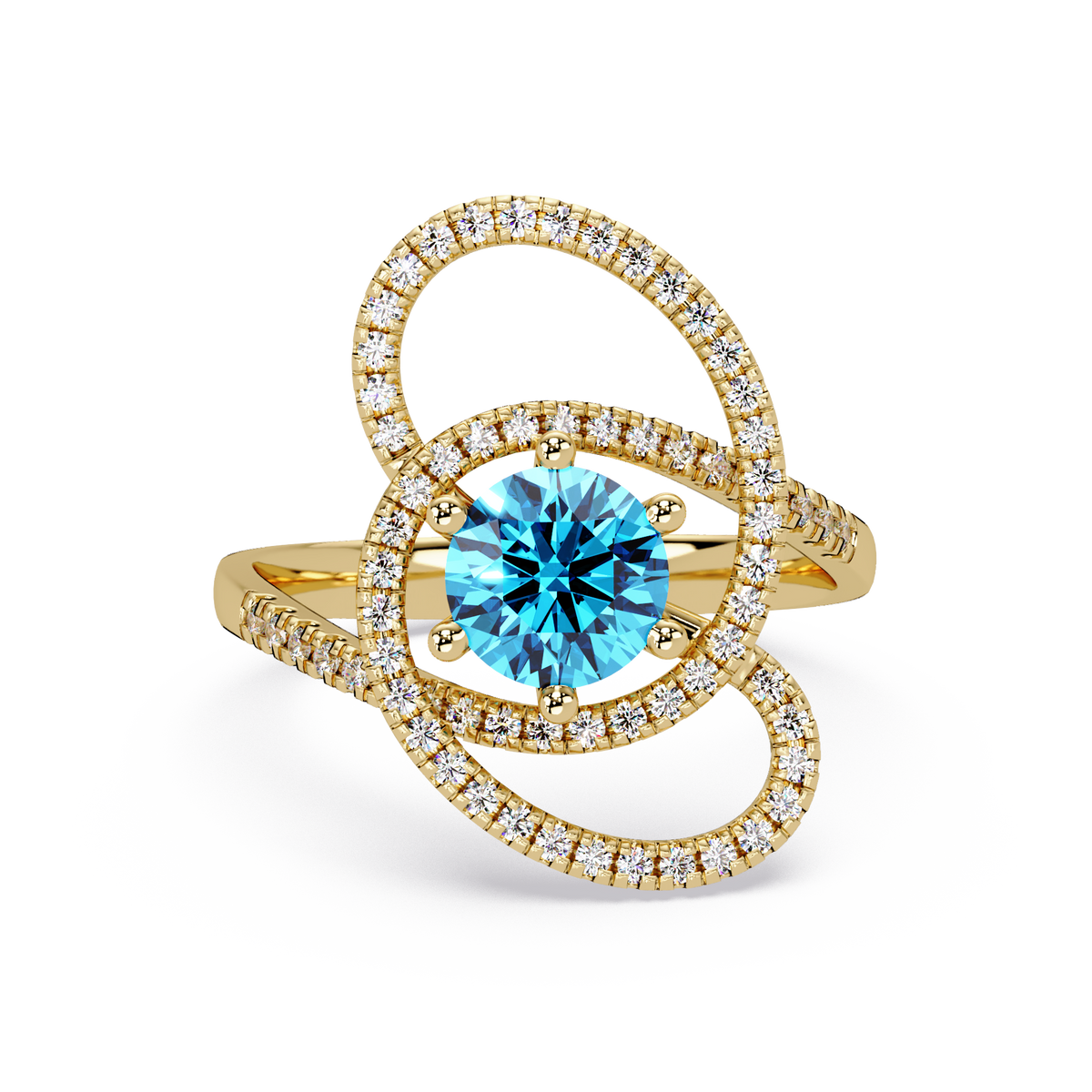 1.1 CTW Round Swirl Pavé Halo Colorstone Ring with Aquamarine Blue center in 14K Yellow Gold – Lunéa Paris