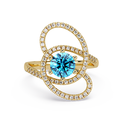1.1 CTW Round Swirl Pavé Halo Colorstone Ring with Aquamarine Blue center in 14K Yellow Gold – Lunéa Paris