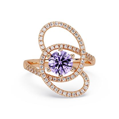 1.1 CTW Round Swirl Pavé Halo Colorstone Ring with Amethyst Purple center in 14K Rose Gold – Lunéa Paris