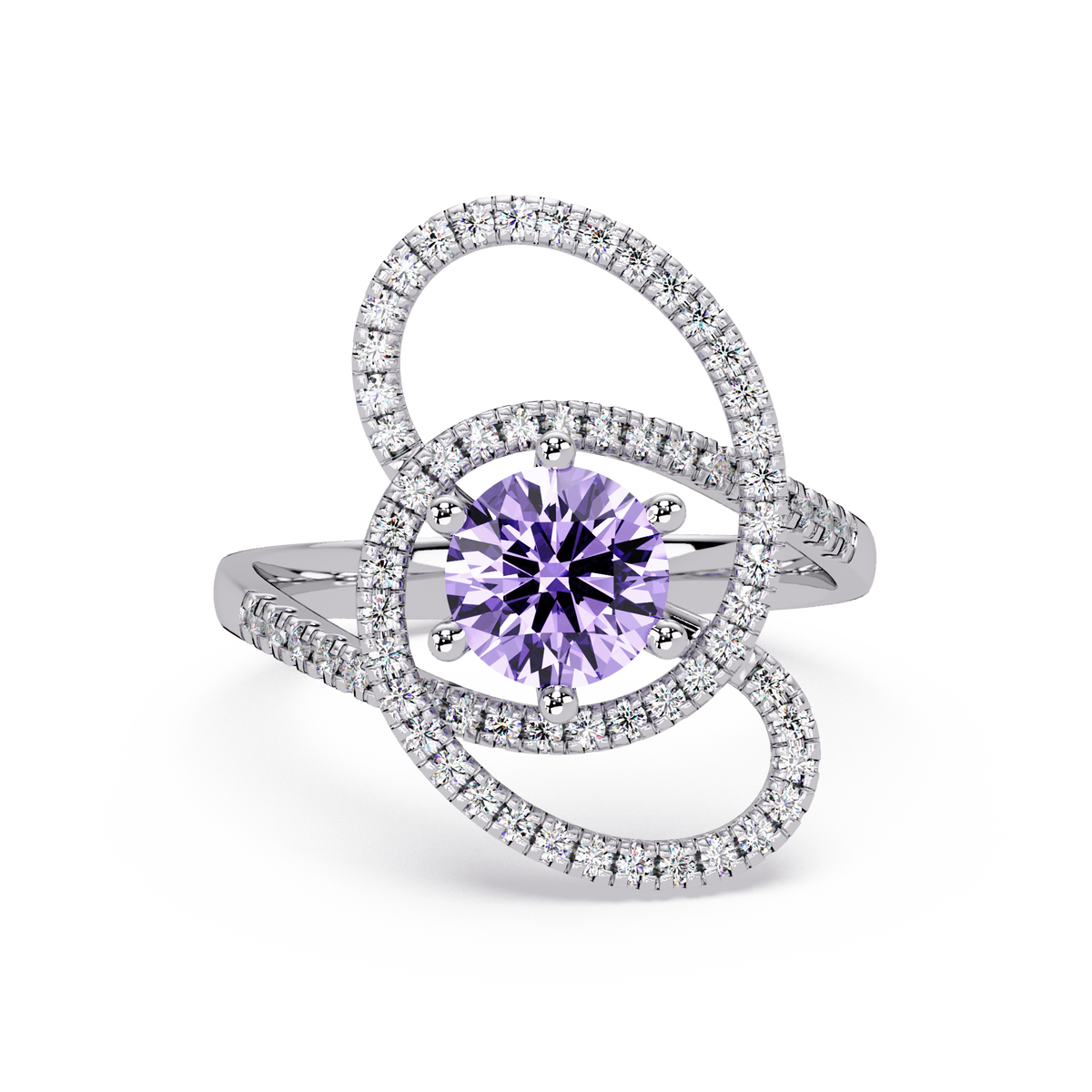 1.1 CTW Round Swirl Pavé Halo Colorstone Ring with Amethyst Purple center in 14K White Gold – Lunéa Paris