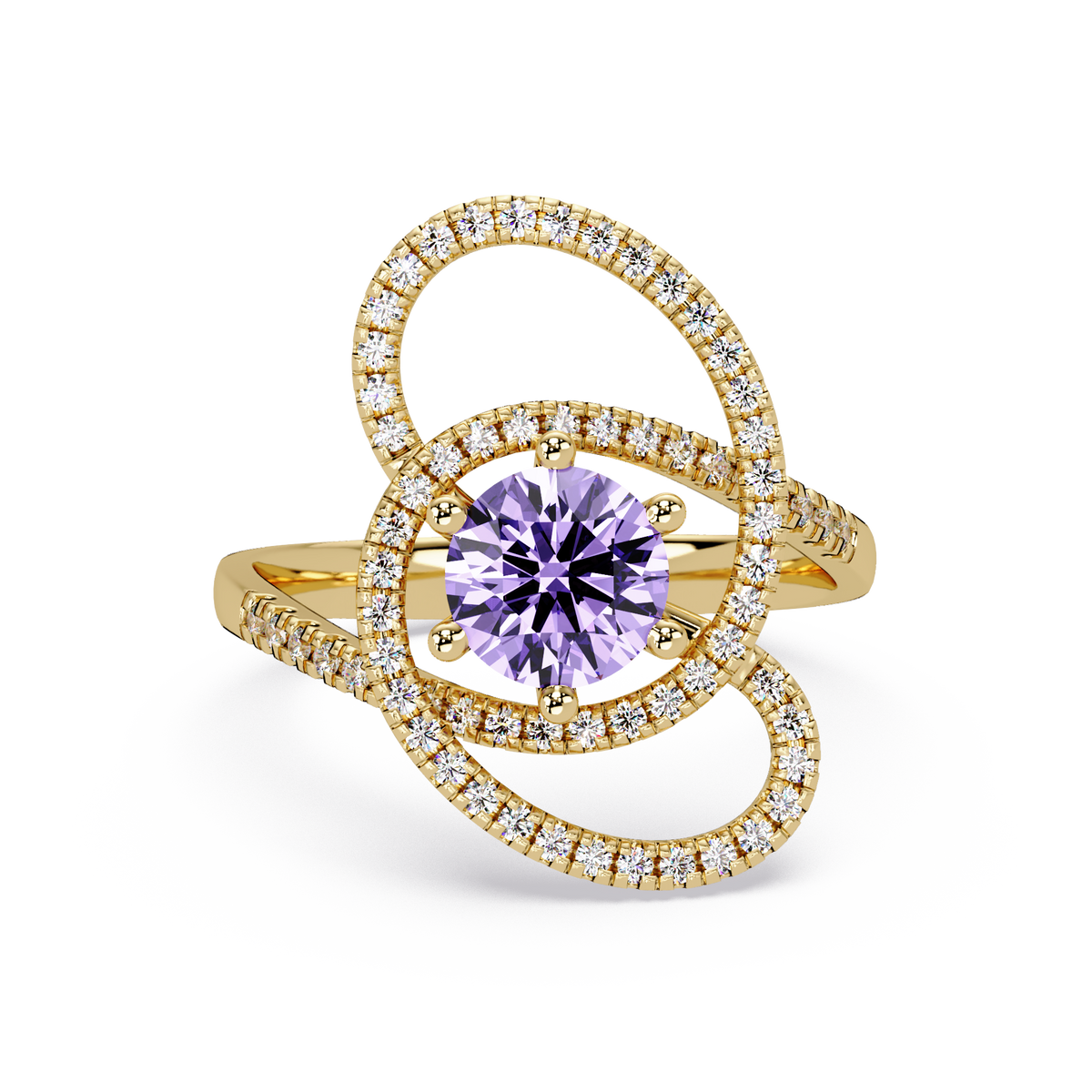 1.1 CTW Round Swirl Pavé Halo Colorstone Ring with Amethyst Purple center in 14K Yellow Gold – Lunéa Paris