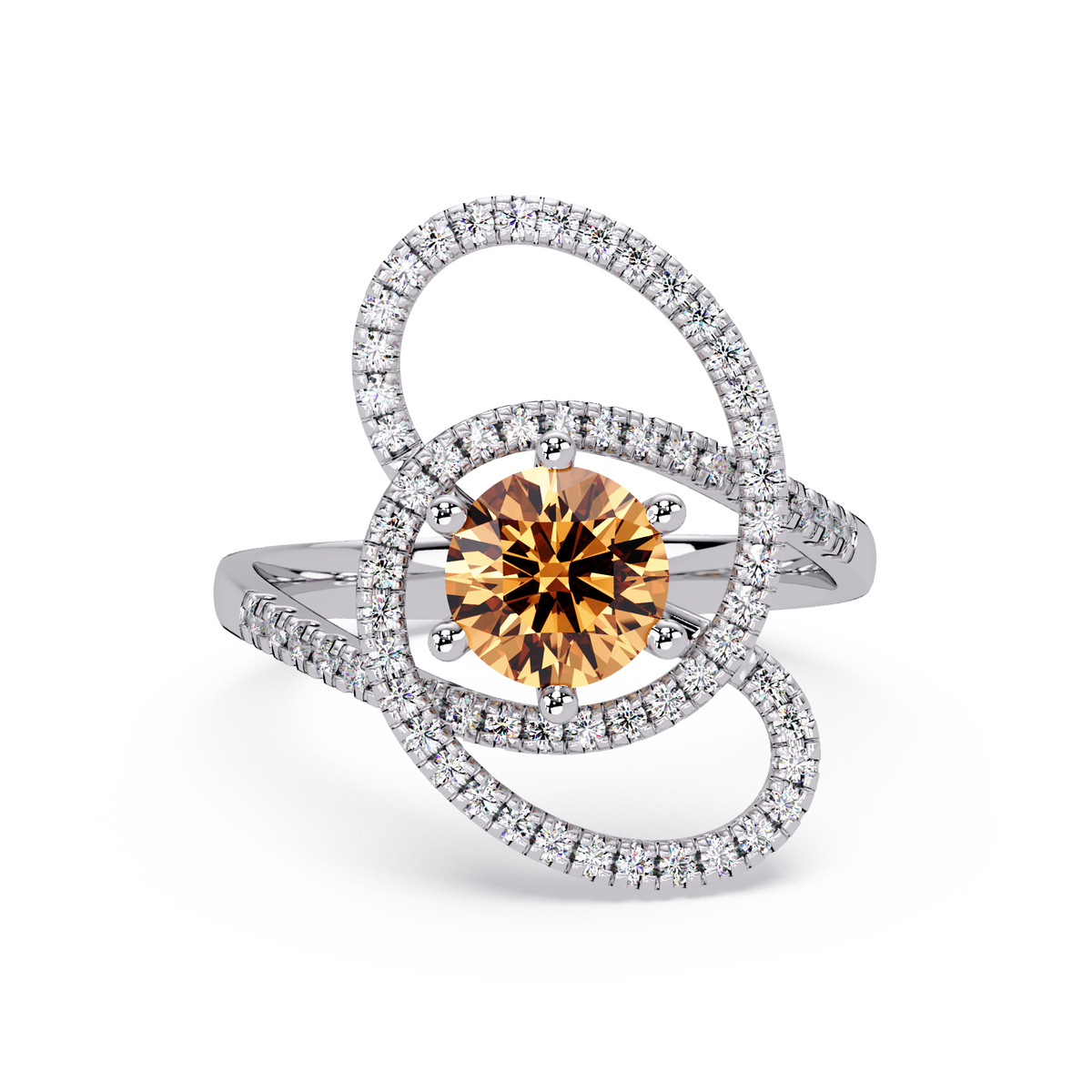 1.1 CTW Round Swirl Pavé Halo Colorstone Ring with Champagne Topaz center in 14K White Gold – Lunéa Paris