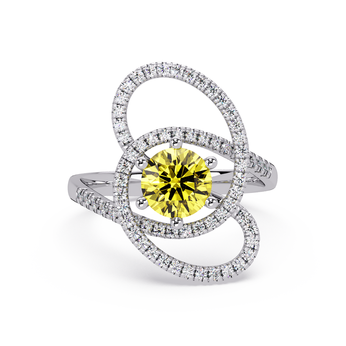 1.1 CTW Round Swirl Pavé Halo Colorstone Ring with Citrine Yellow center in 14K White Gold – Lunéa Paris