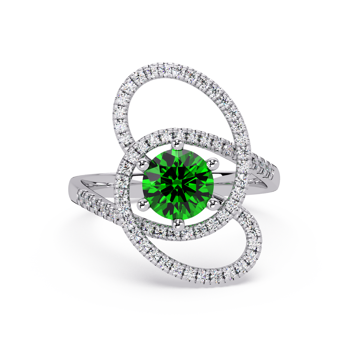 1.1 CTW Round Swirl Pavé Halo Colorstone Ring with Emerald Green center in 14K White Gold – Lunéa Paris