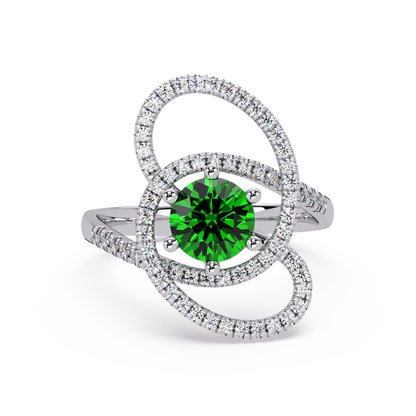 1.1 CTW Round Swirl Pavé Halo Colorstone Ring with Emerald Green center in 14K White Gold – Lunéa Paris