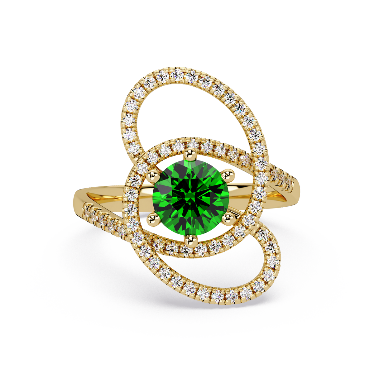 1.1 CTW Round Swirl Pavé Halo Colorstone Ring with Emerald Green center in 14K Yellow Gold – Lunéa Paris