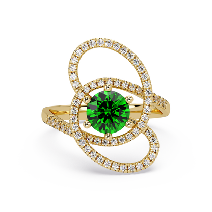 1.1 CTW Round Swirl Pavé Halo Colorstone Ring with Emerald Green center in 14K Yellow Gold – Lunéa Paris