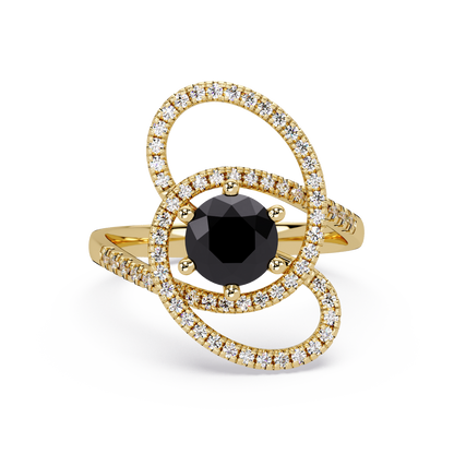 1.1 CTW Round Swirl Pavé Halo Colorstone Ring with Onyx center in 14K Yellow Gold – Lunéa Paris