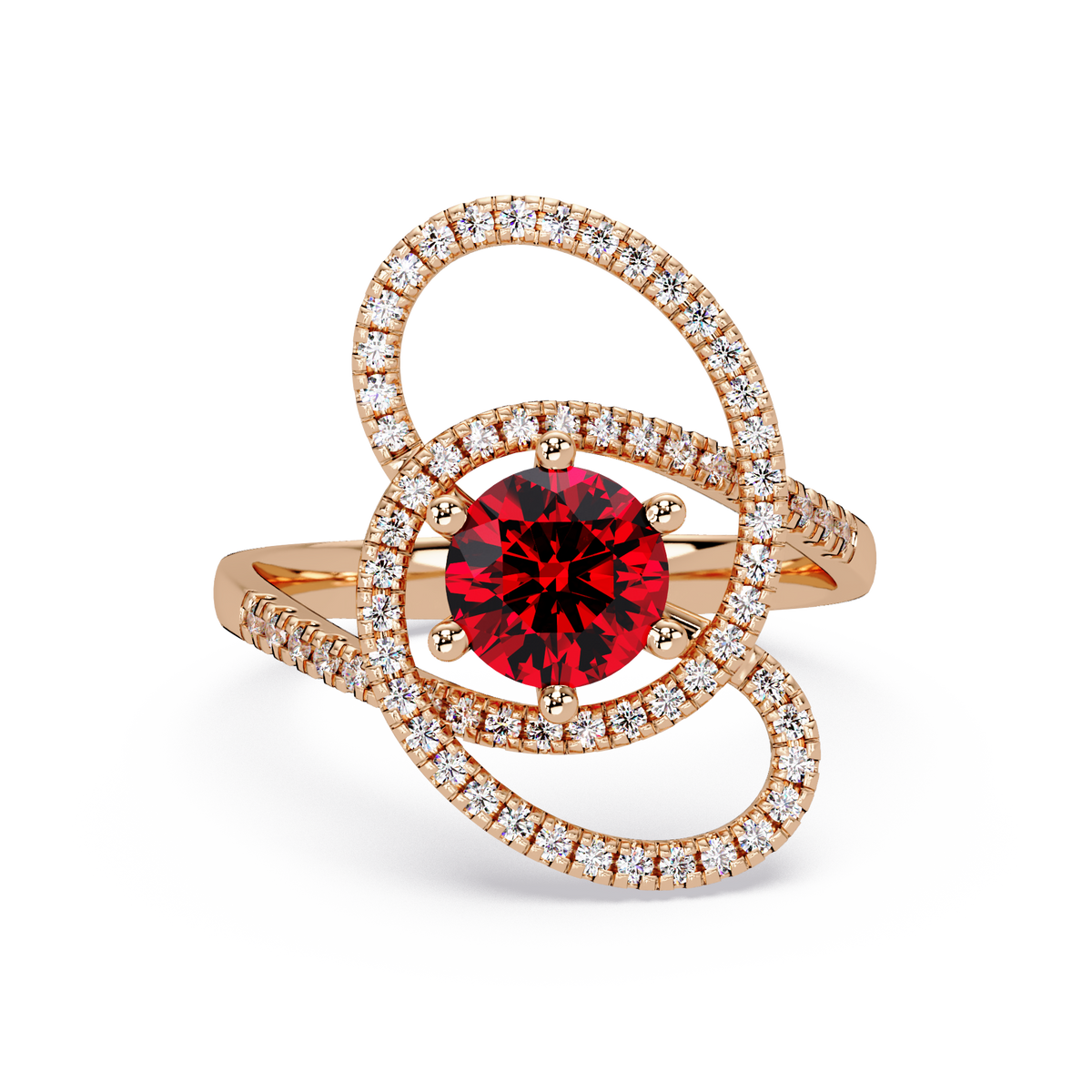 1.1 CTW Round Swirl Pavé Halo Colorstone Ring with Ruby Red center in 14K Rose Gold – Lunéa Paris