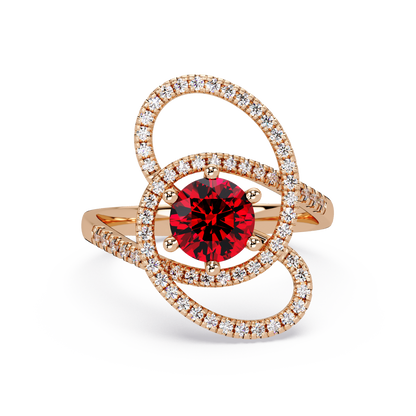 1.1 CTW Round Swirl Pavé Halo Colorstone Ring with Ruby Red center in 14K Rose Gold – Lunéa Paris