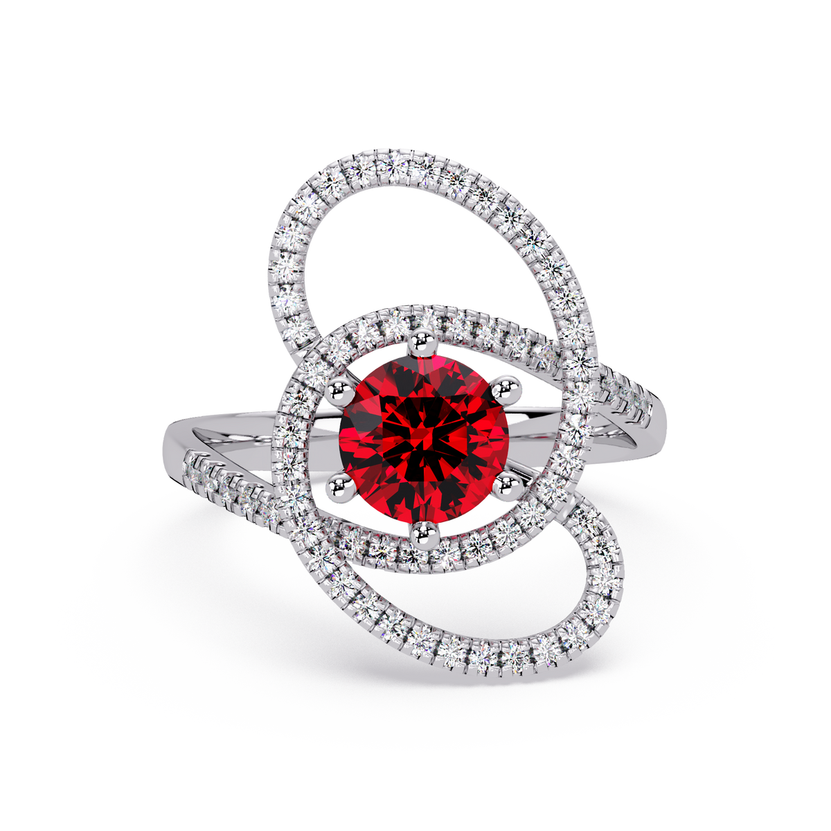1.1 CTW Round Swirl Pavé Halo Colorstone Ring with Ruby Red center in 14K White Gold – Lunéa Paris