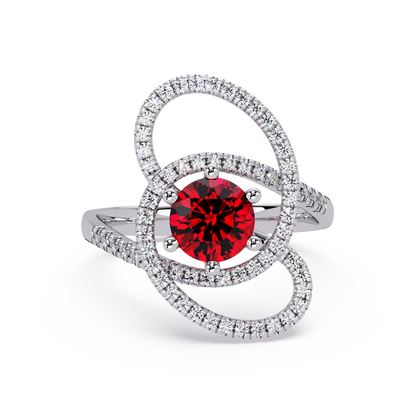1.1 CTW Round Swirl Pavé Halo Colorstone Ring with Ruby Red center in 14K White Gold – Lunéa Paris