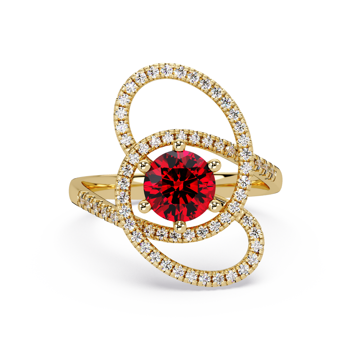 1.1 CTW Round Swirl Pavé Halo Colorstone Ring with Ruby Red center in 14K Yellow Gold – Lunéa Paris