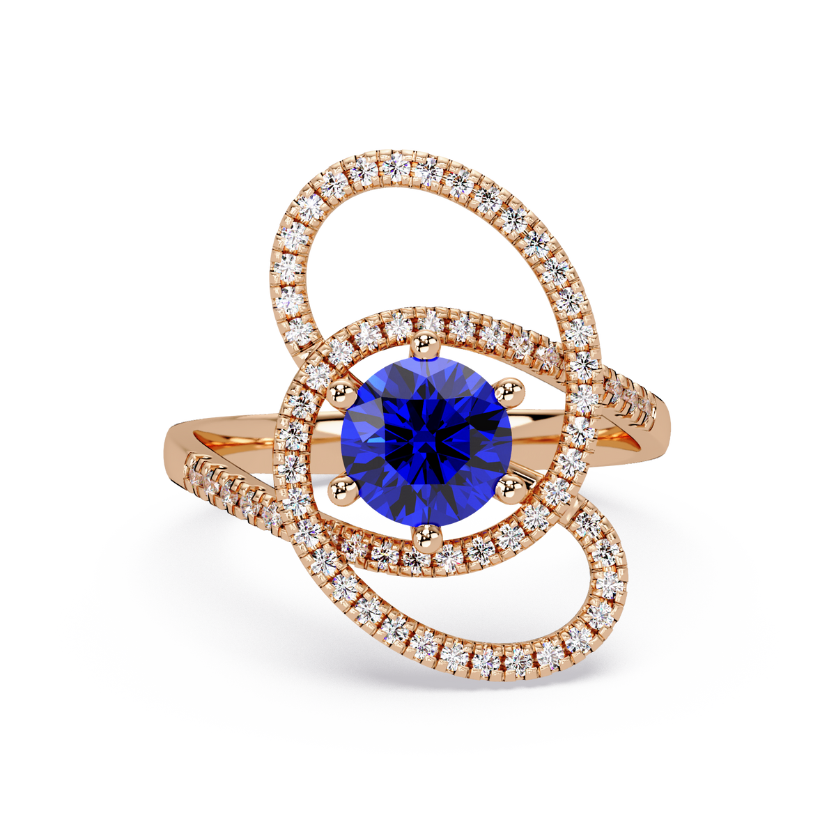 1.1 CTW Round Swirl Pavé Halo Colorstone Ring with Sapphire Blue center in 14K Rose Gold – Lunéa Paris