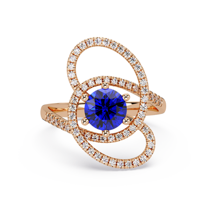 1.1 CTW Round Swirl Pavé Halo Colorstone Ring with Sapphire Blue center in 14K Rose Gold – Lunéa Paris