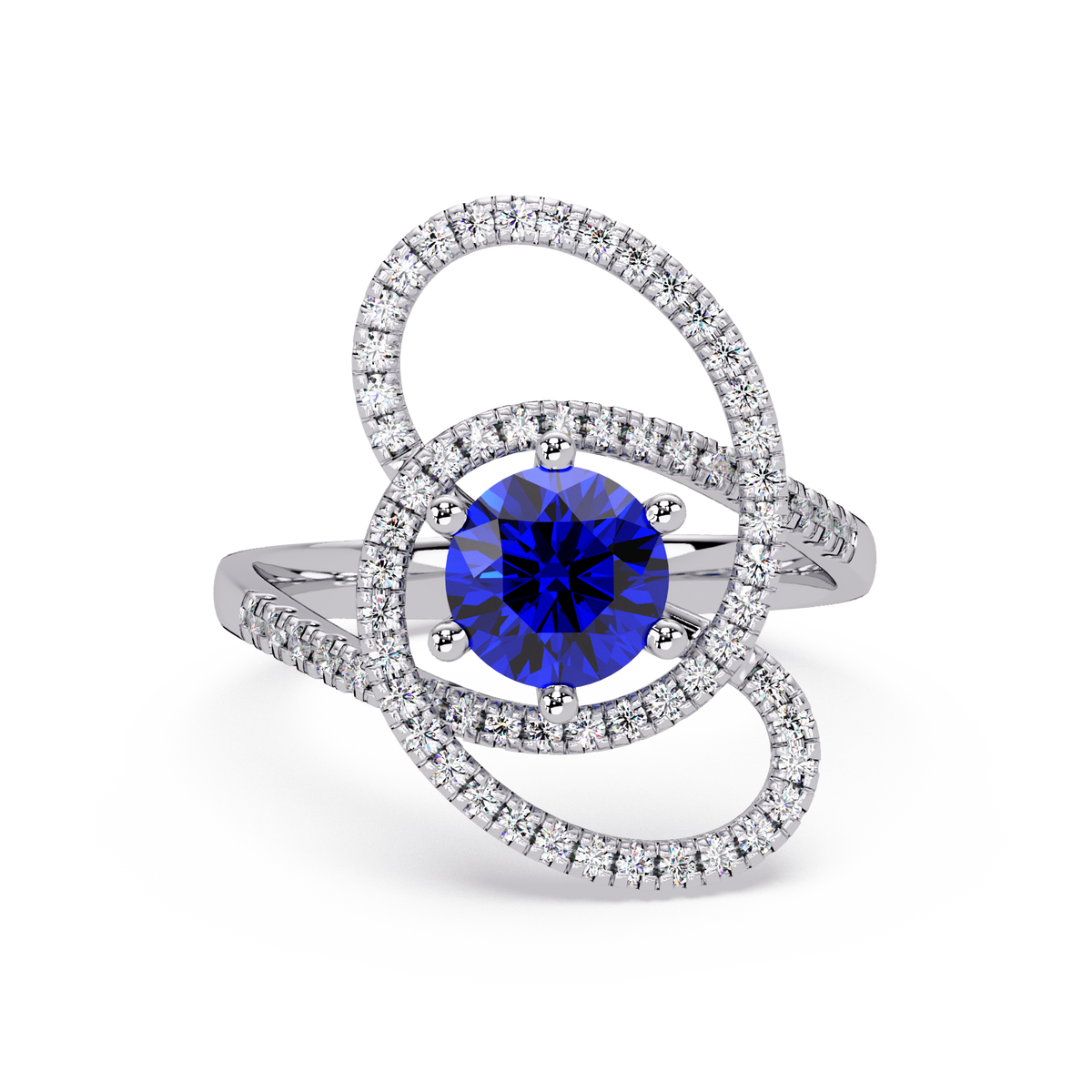 1.1 CTW Round Swirl Pavé Halo Colorstone Ring with Sapphire Blue center in 14K White Gold – Lunéa Paris