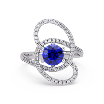 1.1 CTW Round Swirl Pavé Halo Colorstone Ring with Sapphire Blue center in 14K White Gold – Lunéa Paris